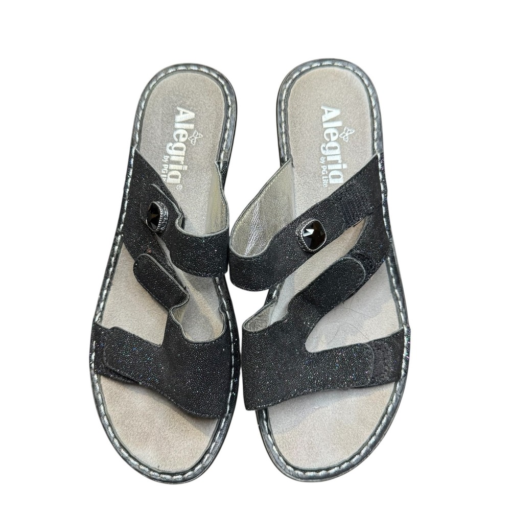 Alegria Shoes Womens Size 9 Black Glitter Slide Sandals Wedge Comfort Strap 39
